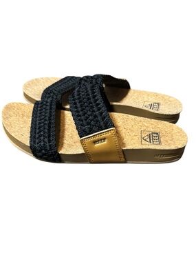 Reef Braid Vista Black Slide Sandals with Tan Accent Womens Size 6